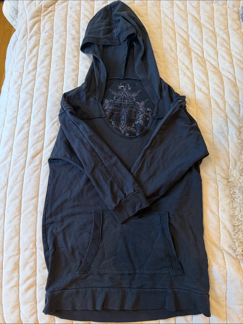 Free People Black Hooded 3/4-Sleeve Pullover Shirt